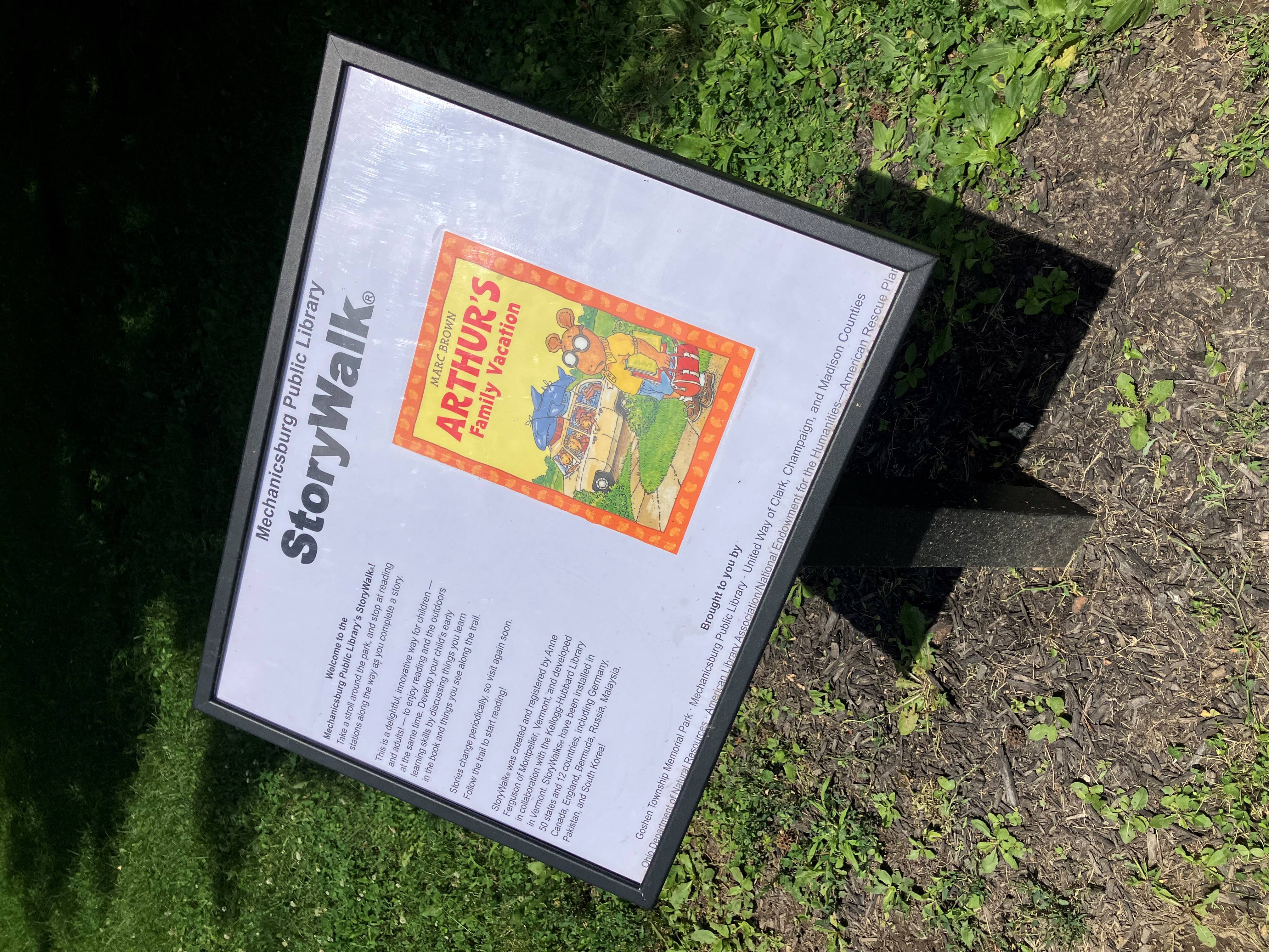 StoryWalk sign post for Arthur's Family Vacation